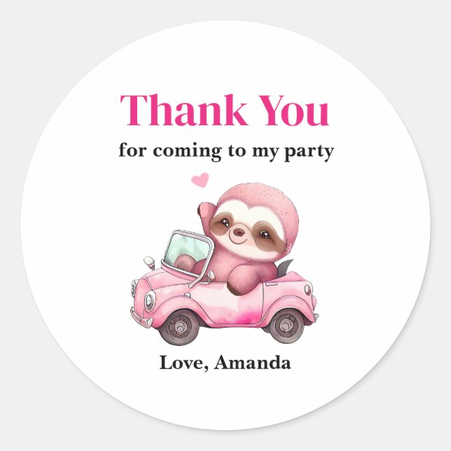 Smiling Pink Sloth Driving a Car Party Thank You Classic Round Sticker (Front)