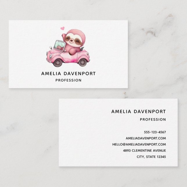 Smiling Pink Sloth Driving a Convertible Business Card (Front/Back)