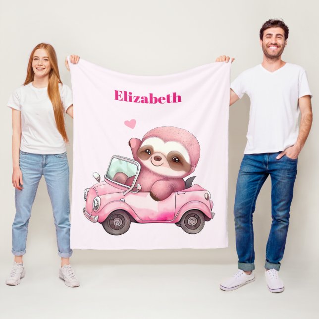 Smiling Pink Sloth Driving a Convertible Fleece Blanket (In Situ)