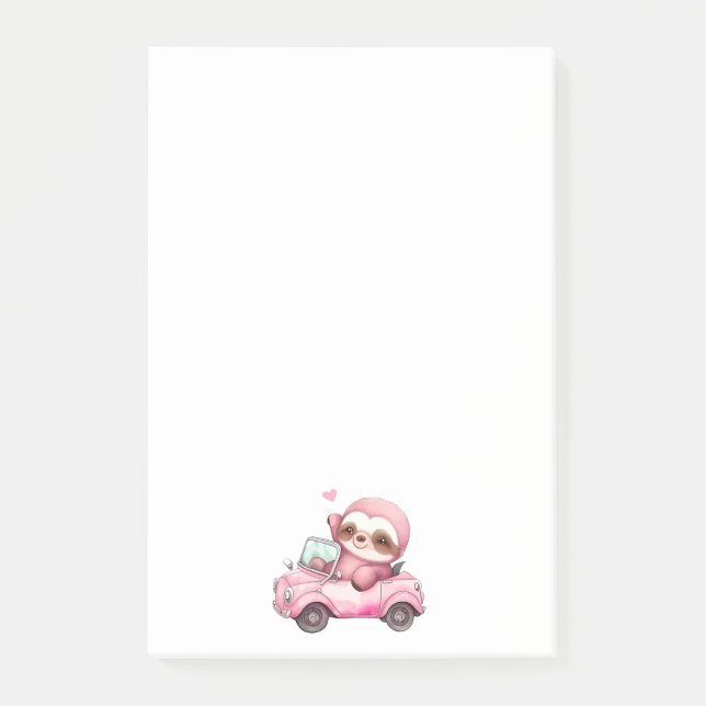 Smiling Pink Sloth Driving a Convertible Post-it Notes (Front)