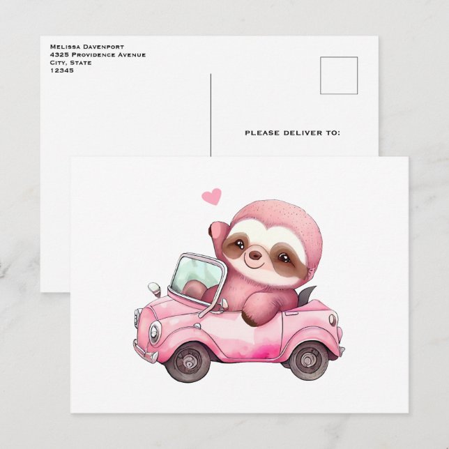 Smiling Pink Sloth Driving a Convertible Postcard (Front/Back)