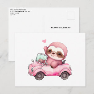 Smiling Pink Sloth Driving a Convertible Postcard