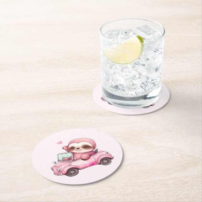 Smiling Pink Sloth Driving a Convertible Round Paper Coaster (Insitu)