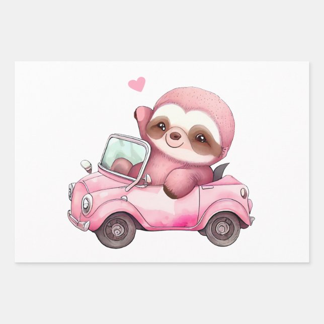 Smiling Pink Sloth Driving a Convertible Wrapping Paper Sheet (Front)