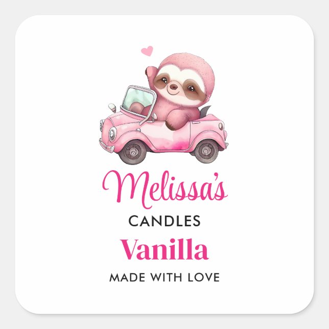 Smiling Pink Sloth in a Car Candle Craft Square Sticker (Front)