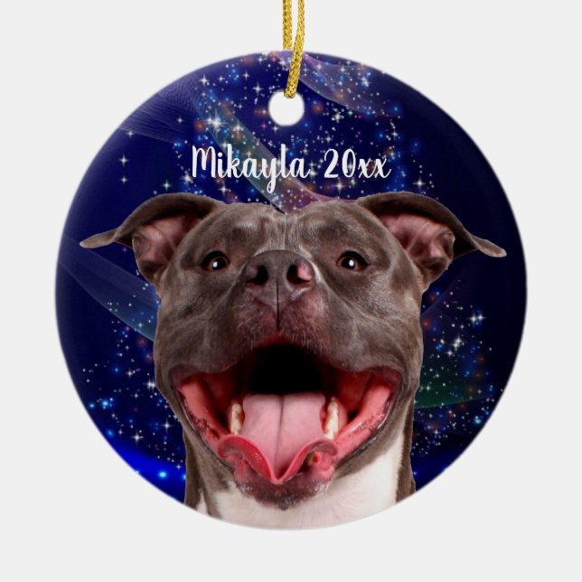 Smiling Pit Bull on Blue Christmas  Ceramic Ornament (Front)