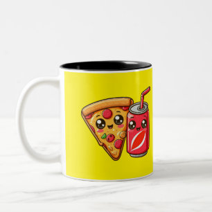 Smiling Pizza & Soda – Cute Cartoon Food Design Two-Tone Coffee Mug