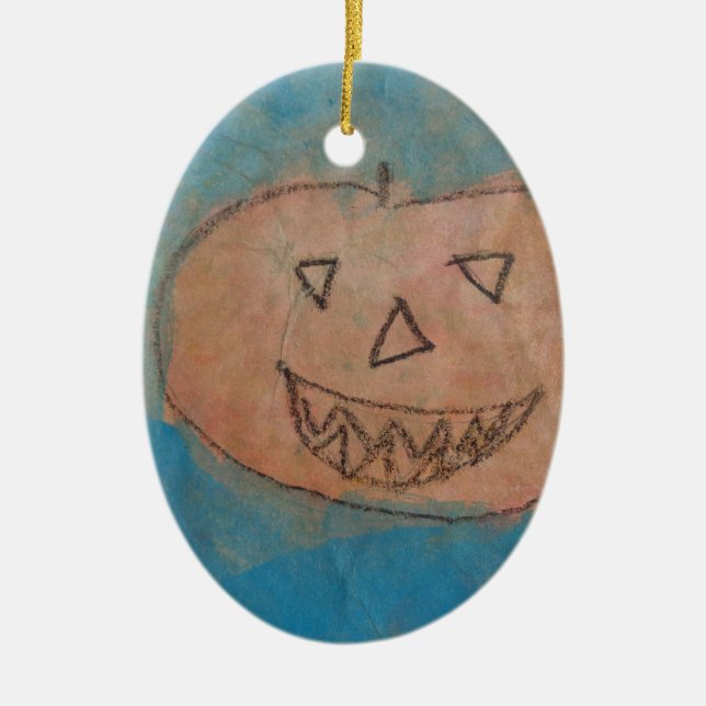 Smiling Pumpkin, Halloween Kids Art Watercolor Ceramic Ornament (Front)