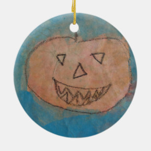 Smiling Pumpkin, Halloween Kids Art Watercolor Ceramic Ornament