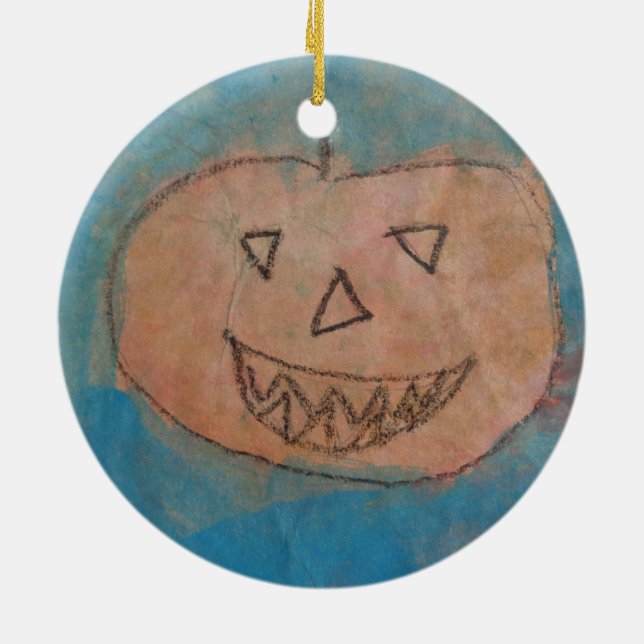 Smiling Pumpkin, Halloween Kids Art Watercolor Ceramic Ornament (Back)