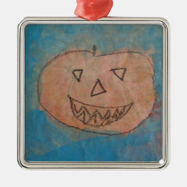 Smiling Pumpkin, Halloween Kids Art Watercolor Metal Ornament (Front)