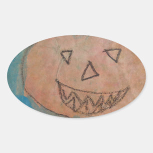 Smiling Pumpkin, Halloween Kids Art Watercolor Oval Sticker