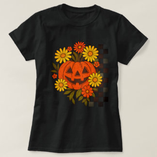 Smiling Pumpkin Retro Floral Halloween Design for T-Shirt