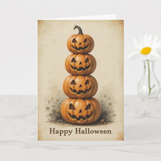 Smiling Pumpkin Stack Lighthearted Halloween Fun Card (Small Plant)