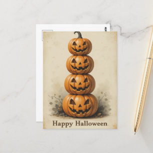 Smiling Pumpkin Stack Lighthearted Halloween Fun Postcard