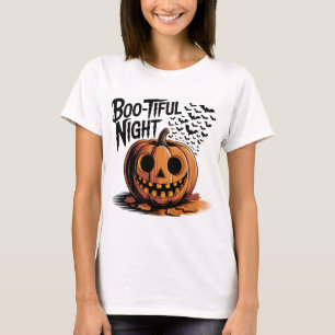 Smiling Pumpkin with Fall Leaves Design T-Shirt