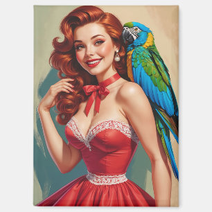 Smiling Redhead Pin-Up and Parrot Magnet