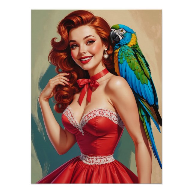 Smiling Redhead Pin-Up and Parrot Poster (Front)