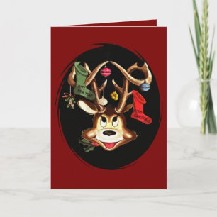 Smiling Reindeer Decorated With Christmas Stocking Holiday Card