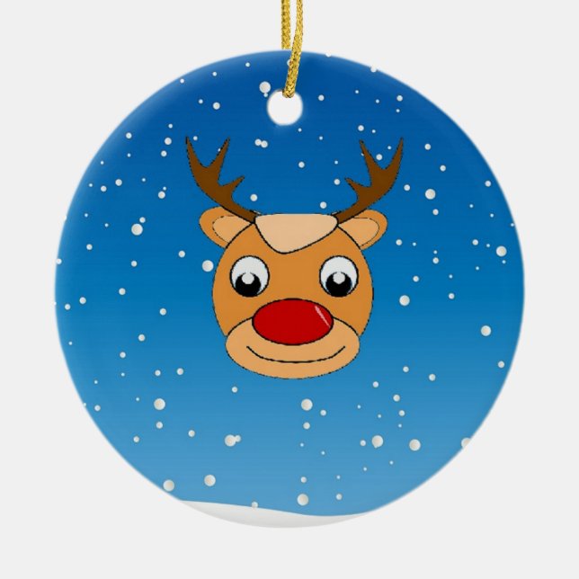 Smiling reindeer on blue ceramic ornament (Front)
