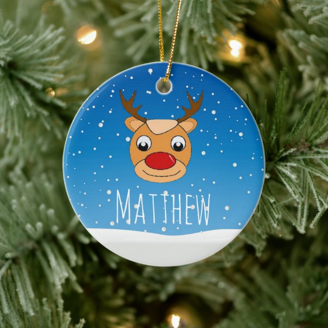 Smiling reindeer snowfall personalised blue ceramic ornament (Tree)