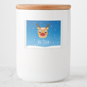 Smiling reindeer snowfall personalised blue food label