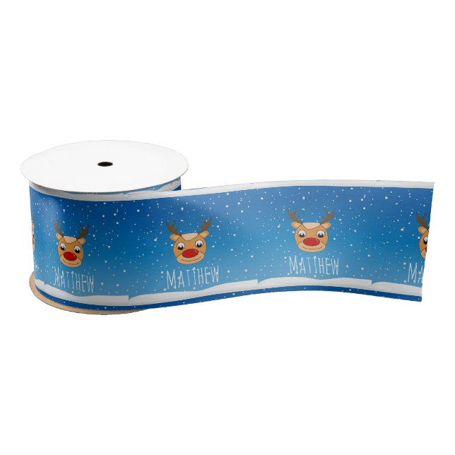 Smiling reindeer snowfall personalised blue satin ribbon (Spool)