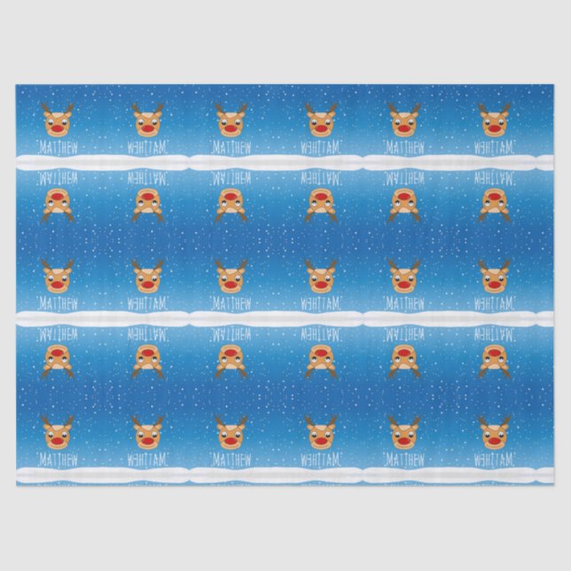 Smiling reindeer snowfall personalised blue tissue paper (Front)