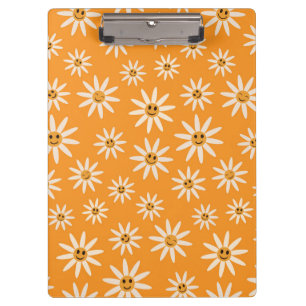 Smiling Retro White Flowers on Orange  Clipboard