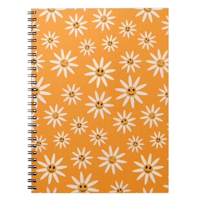 Smiling Retro White Flowers on Orange  Notebook (Front)
