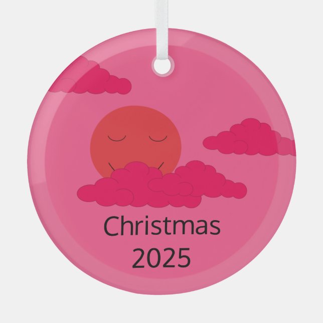 Smiling, Rising Sun with Popcorn Clouds: Fuchsia Glass Ornament (Front)