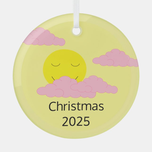 Smiling, Rising Sun with Popcorn Clouds: Yellow Glass Ornament (Front)