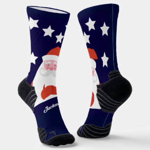 Smiling Santa and Stars on Blue Socks