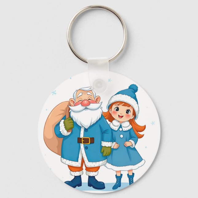 Smiling Santa Claus and snow maiden Keychain (Front)