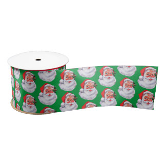 Smiling Santa Claus Christmas Green Satin Ribbon