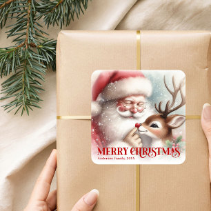 Smiling Santa Rudolph Personalized Holiday Kids  Square Sticker