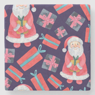 Smiling Santa, Watercolor Christmas Seamless. Stone Coaster