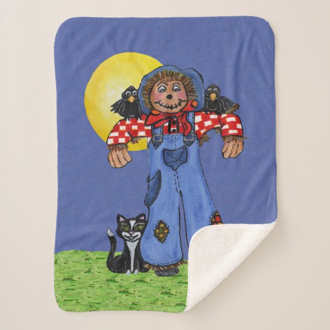 Smiling Scarecrow Crows Black Cat Yellow Moon Sherpa Blanket (Front)