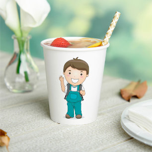 Smiling School Boy with Backpack Paper Cups