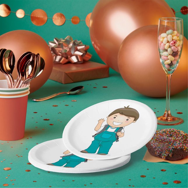 Smiling School Boy with Backpack Paper Plate (Creator Uploaded)