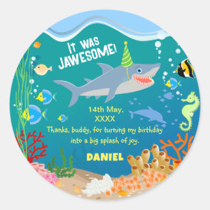 Smiling shark under the sea boy Birthday Party Classic Round Sticker