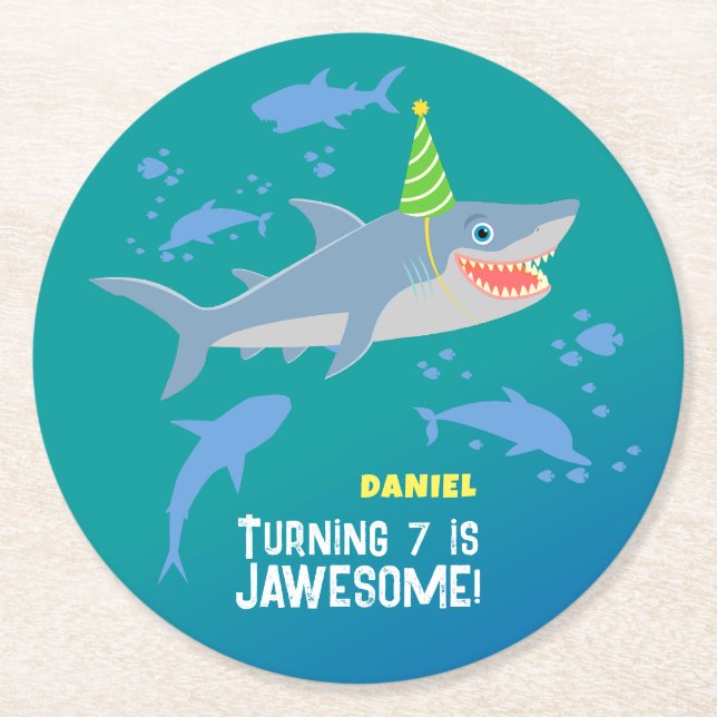 Smiling shark under the sea boy Birthday Party Round Paper Coaster (Front)