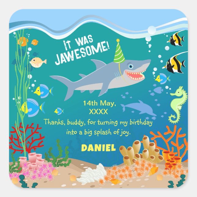 Smiling shark under the sea boy Birthday Party Square Sticker (Front)