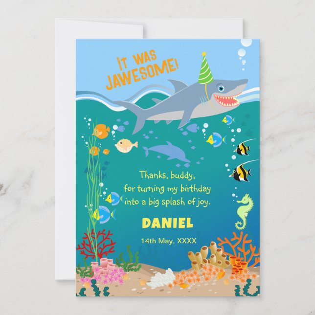 Smiling shark under the sea boy Birthday Party Thank You Card (Front)