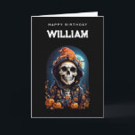 Smiling Skeleton Getting Old Birthday Card<br><div class="desc">Birthday card with an illustration of a skeleton wearing a hooded jacket with an orange witch's hat on top. Surrounded by cute and spooky pumpkins. A glowing moon in the back with a single bat flying nearby. Fun autumn design for death themed gifts.</div>