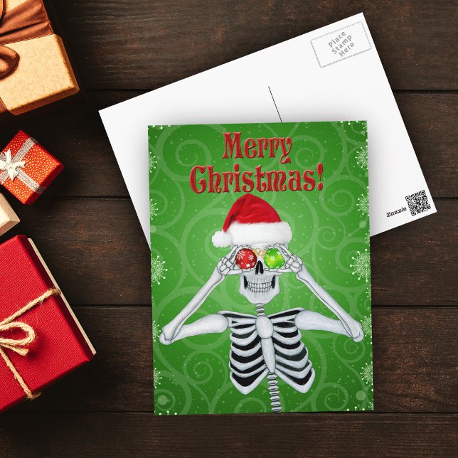 Smiling Skeleton Santa Hat Ornaments Green Swirls Postcard (Creator Uploaded)