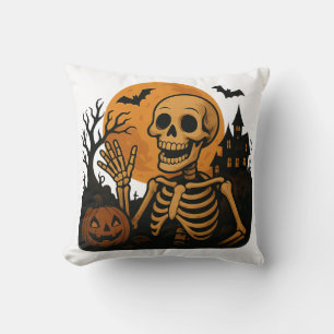 Smiling Skeleton with Pumpkin and Full Moon – Spoo Throw Pillow