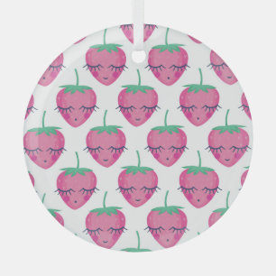 Smiling sleeping strawberries, cute pattern. glass ornament