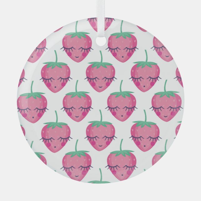 Smiling sleeping strawberries, cute pattern. glass ornament (Front)