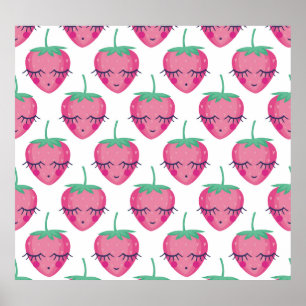 Smiling sleeping strawberries, cute pattern. poster